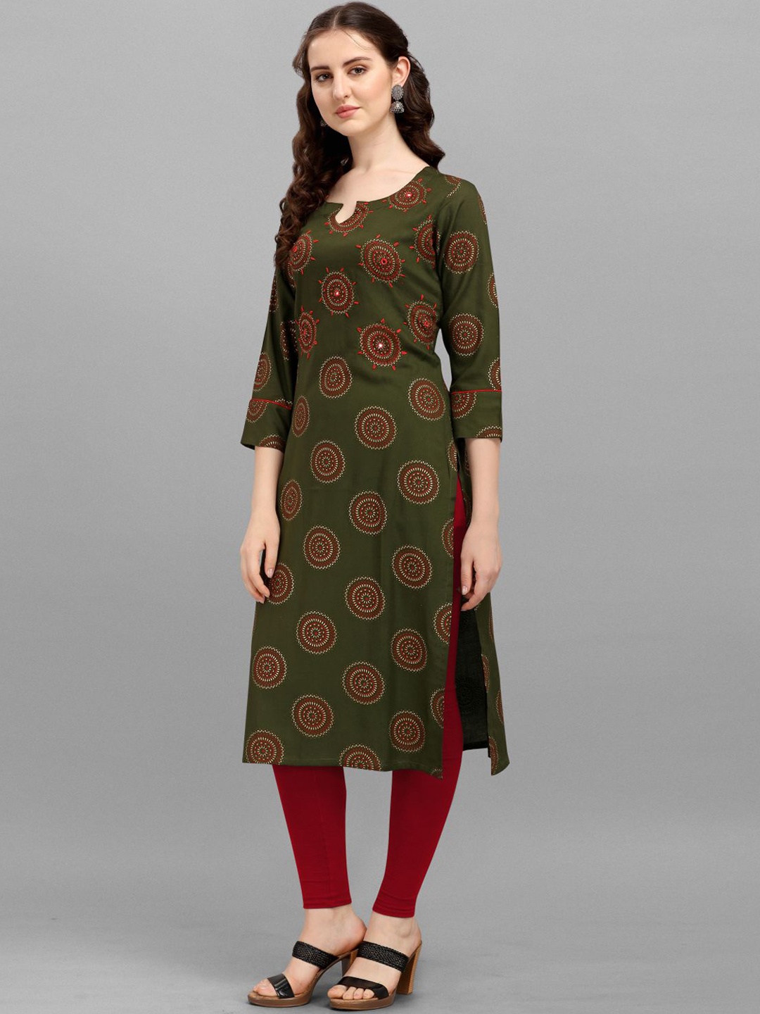 

DEETYA ARTS Ethnic Motifs Printed Thread Work Straight Kurta, Green
