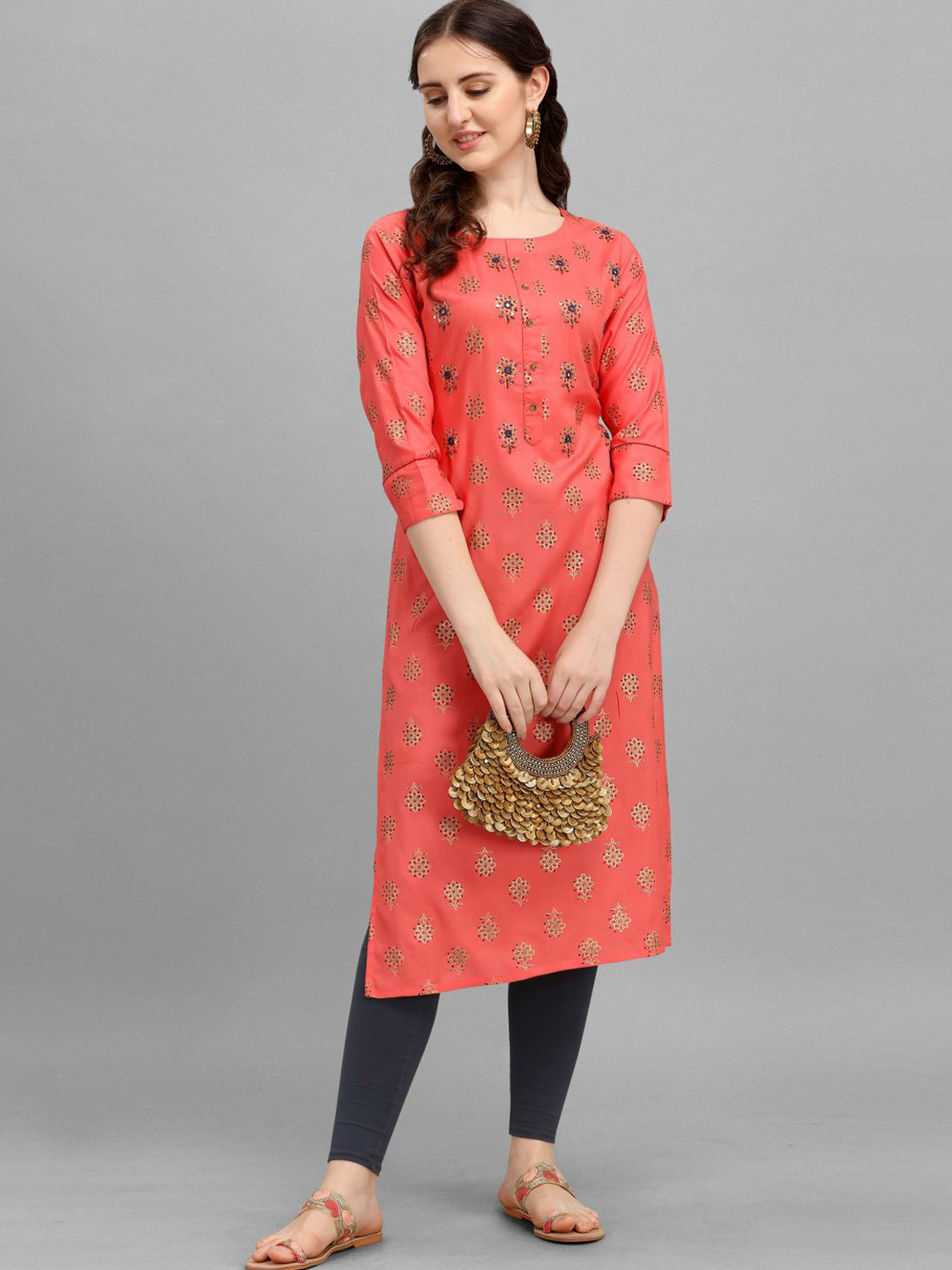 

DEETYA ARTS Floral Printed Beads & Stones Detail Straight Regular Kurta, Pink