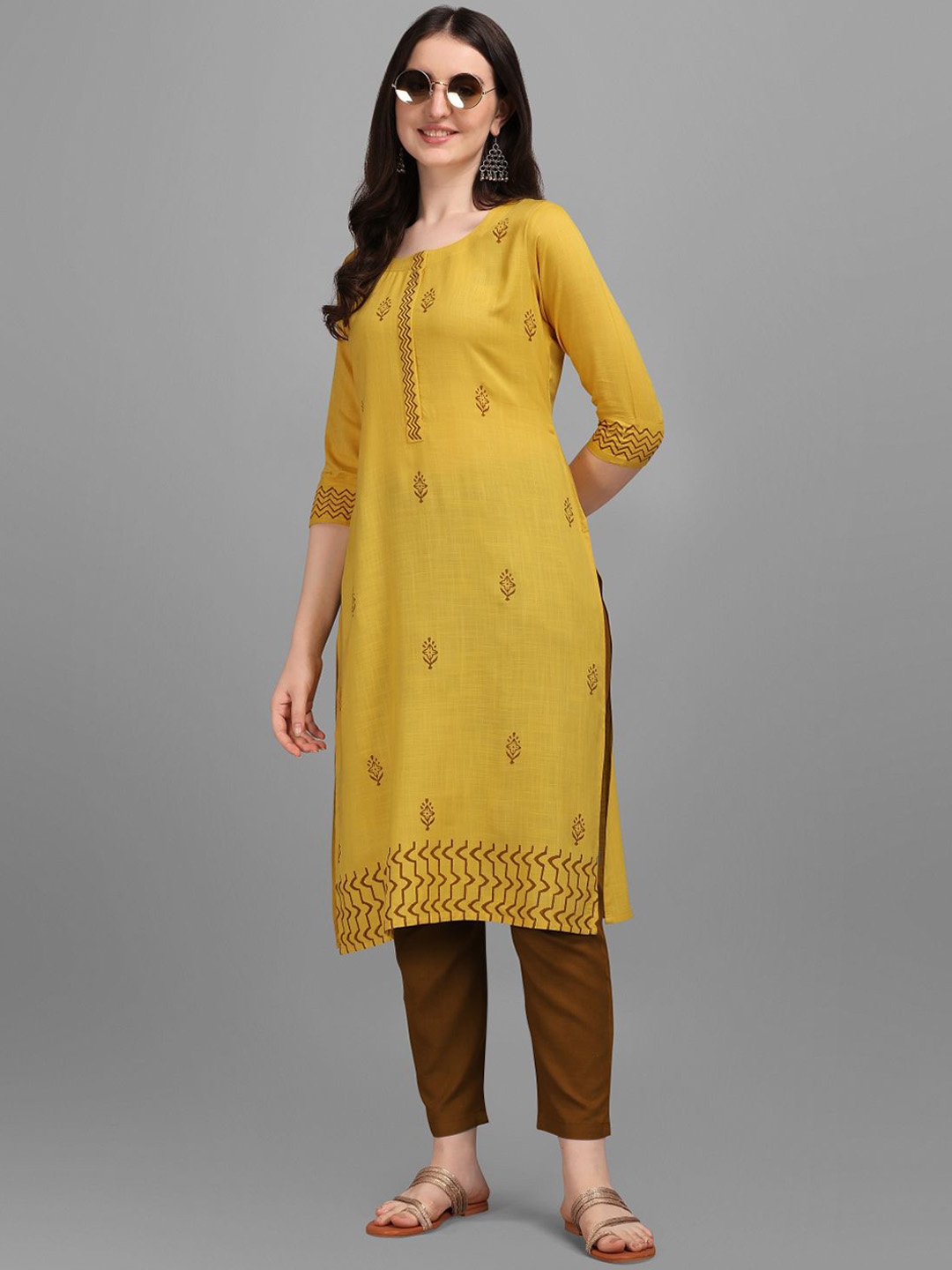 

DEETYA ARTS Round Neck Ethnic Motifs Printed Kurta, Yellow