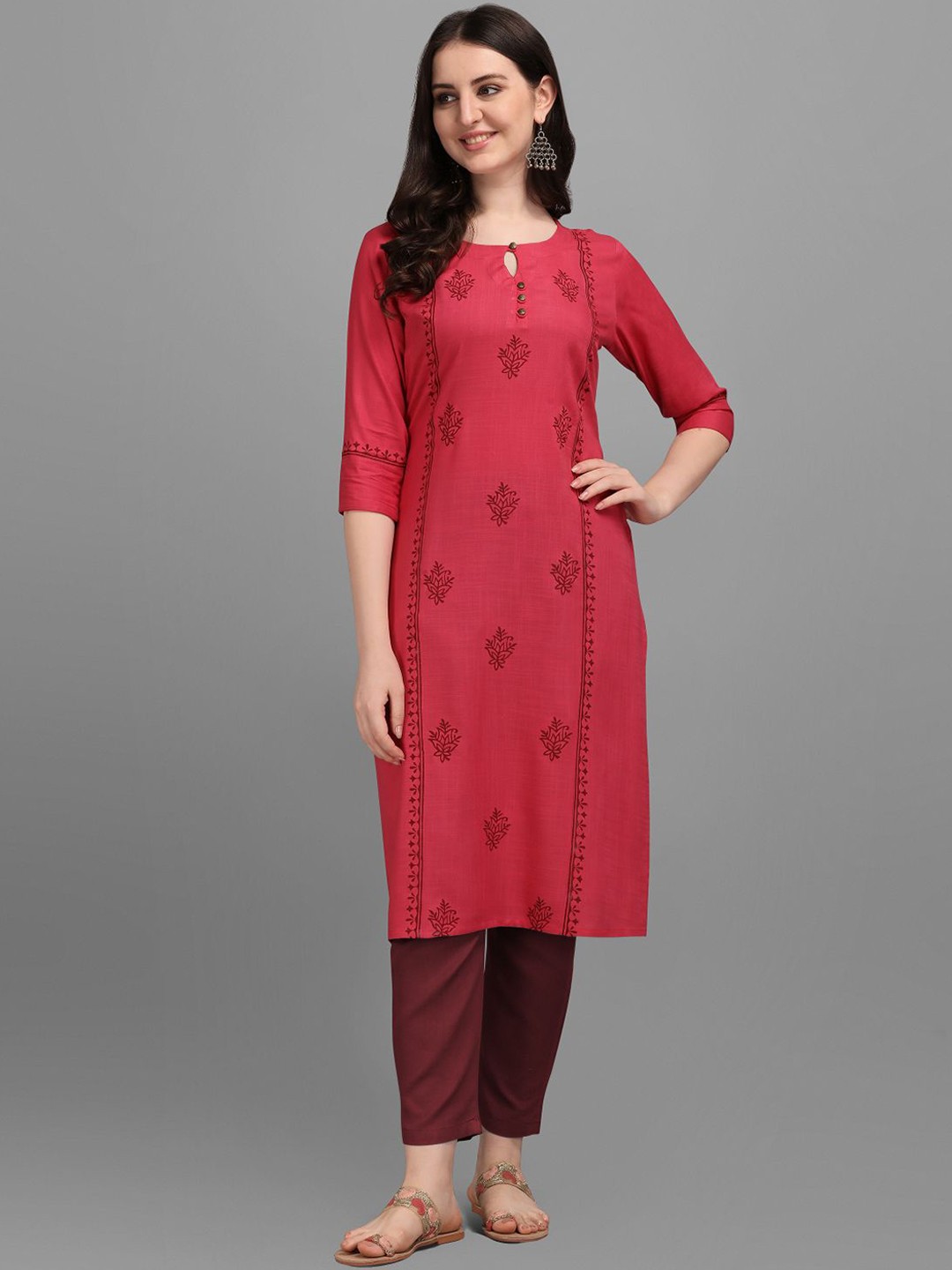 

DEETYA ARTS Keyhole Neck Ethnic Motifs Printed Kurta, Pink