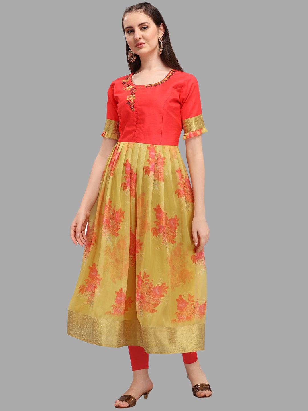 

DEETYA ARTS Floral Printed Thread Work Anarkali Cotton Kurta, Red
