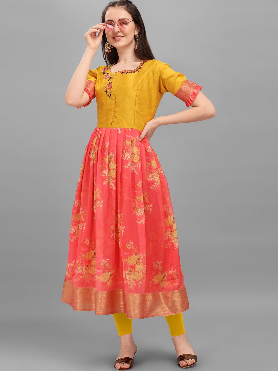 

DEETYA ARTS Floral Printed Zari & Mirror Work Anarkali Pure Cotton Kurta, Mustard