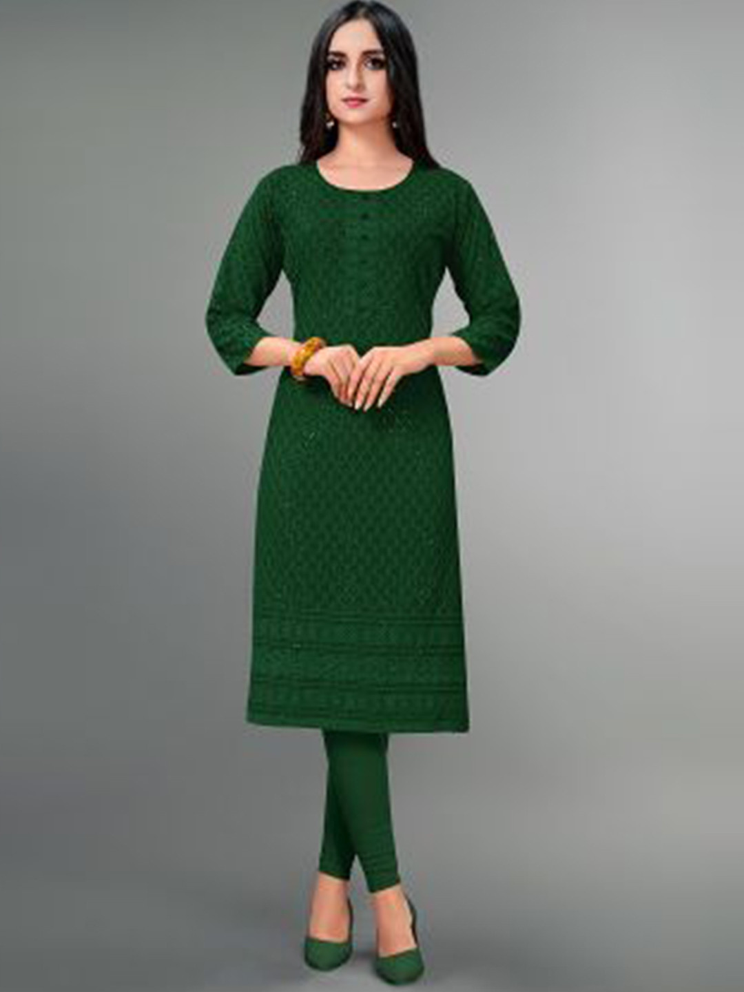 

DEETYA ARTS Ethnic Motifs Embroidered Sequined Straight Kurta, Green
