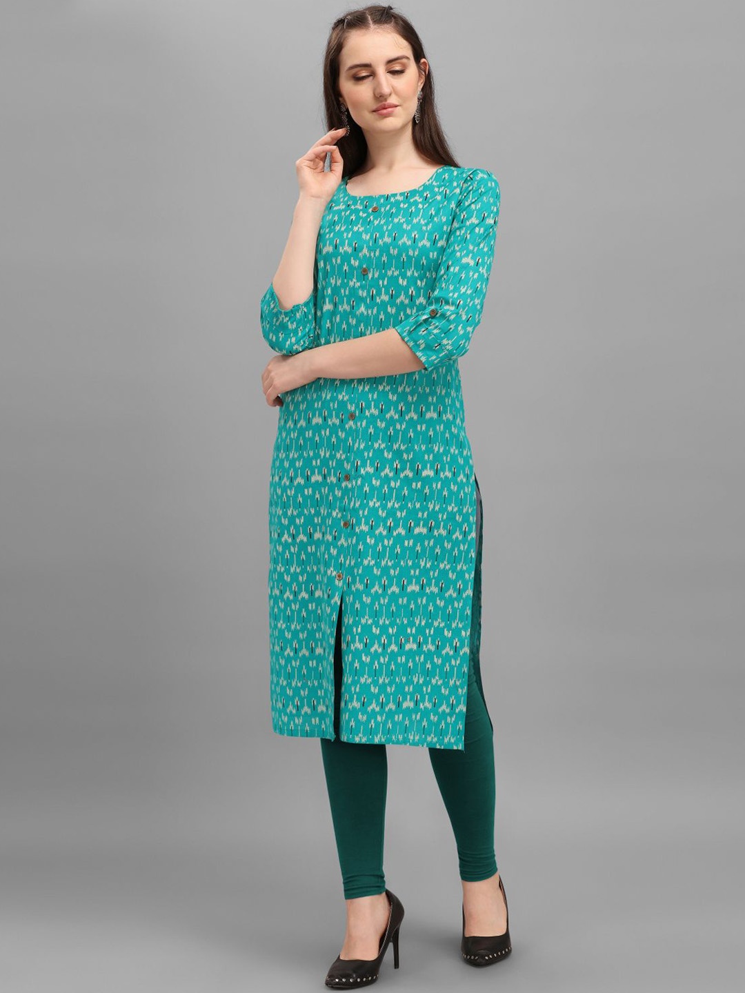 

DEETYA ARTS Ethnic Motifs Printed Pure Cotton Kurta, Turquoise blue