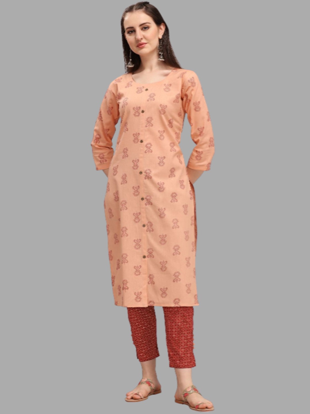 

DEETYA ARTS Ethnic Motifs Printed Pure Cotton Kurta, Peach