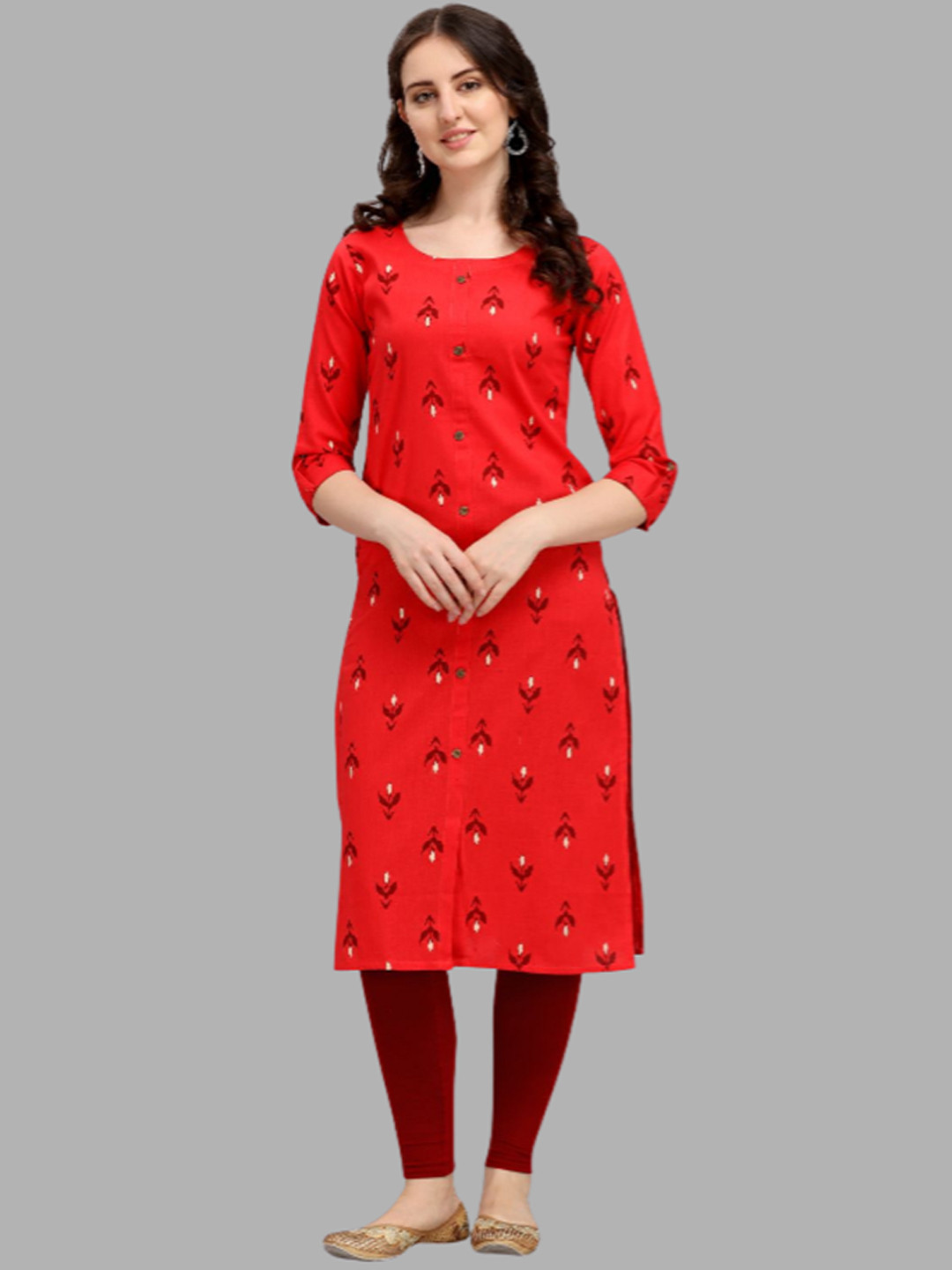 

DEETYA ARTS Round Neck Floral Printed Cotton Kurta, Red