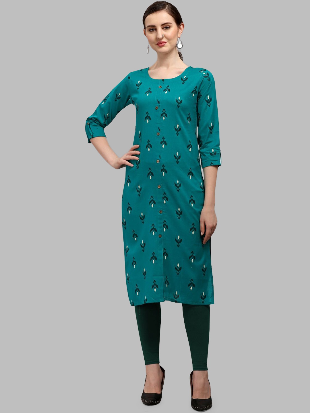 

DEETYA ARTS Floral Printed Multiple Slits Cotton Kurta, Teal