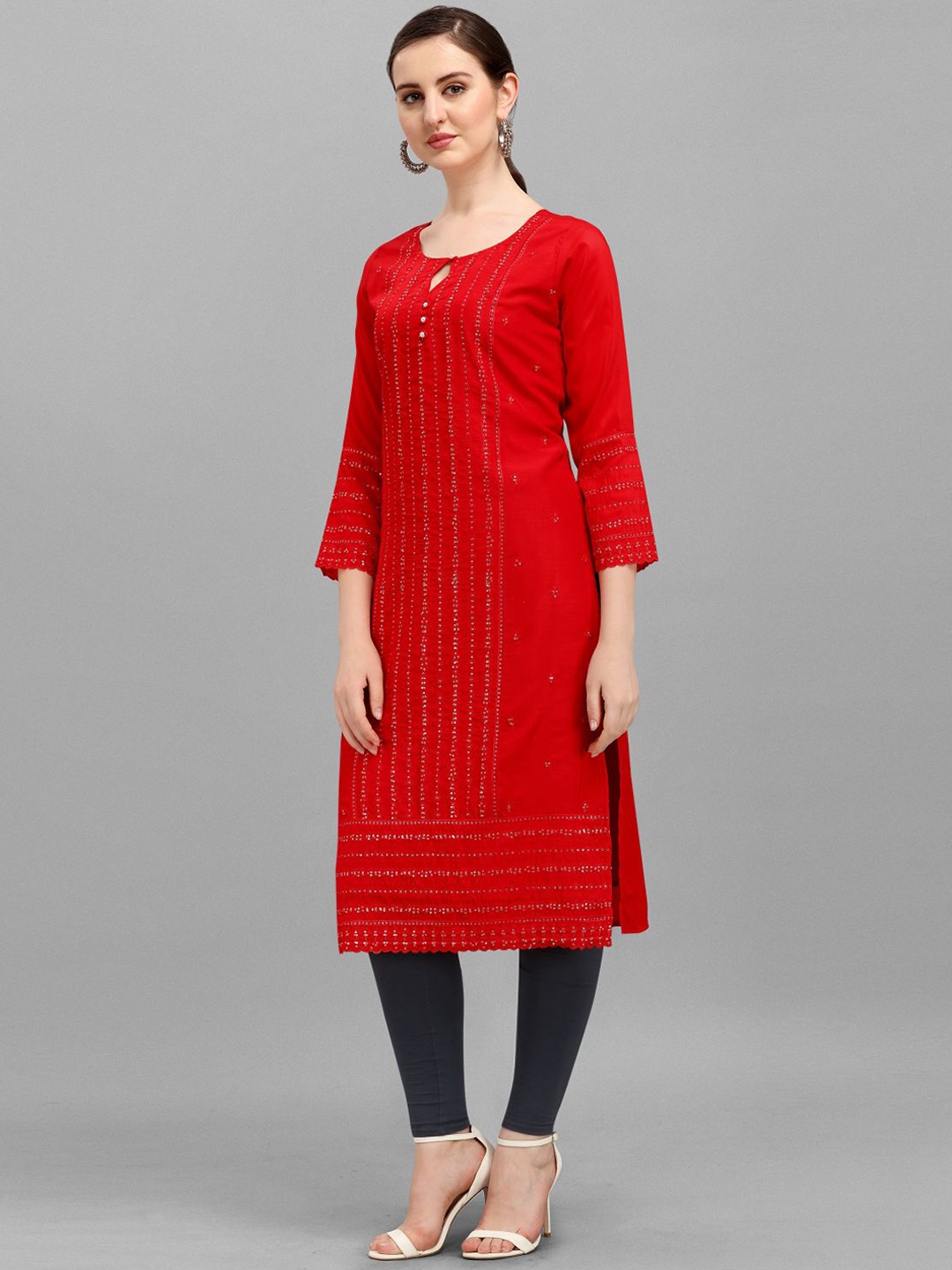 

DEETYA ARTS Striped Embroidered Sequined Straight Kurta, Red