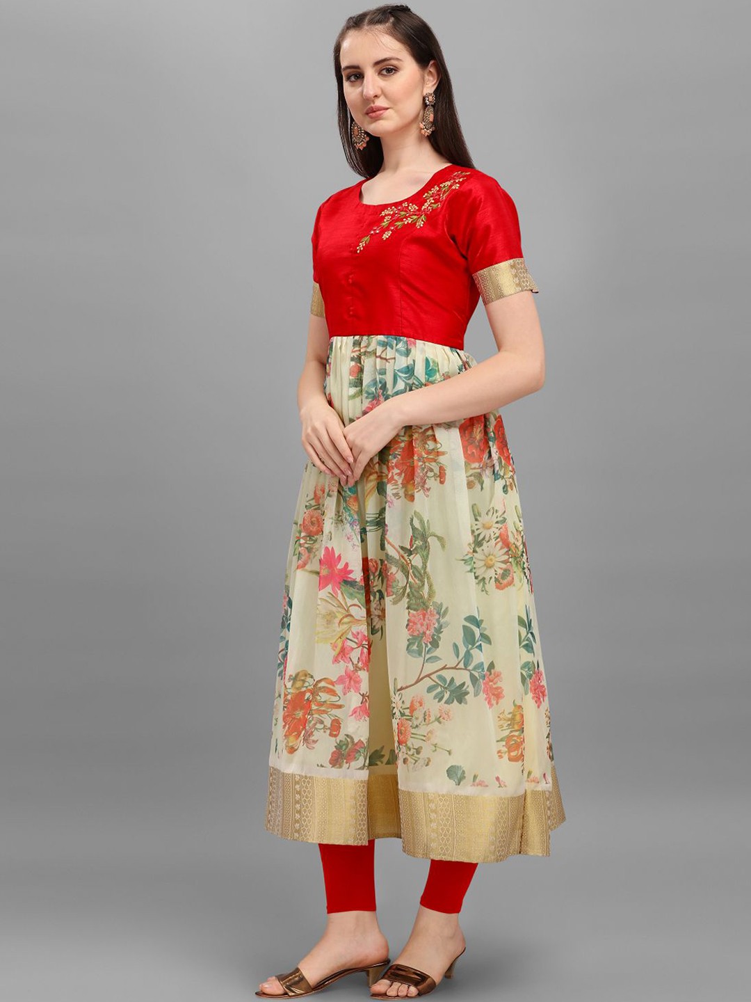 

DEETYA ARTS Floral Printed Zari Anarakali Pure Cotton Kurta, Off white