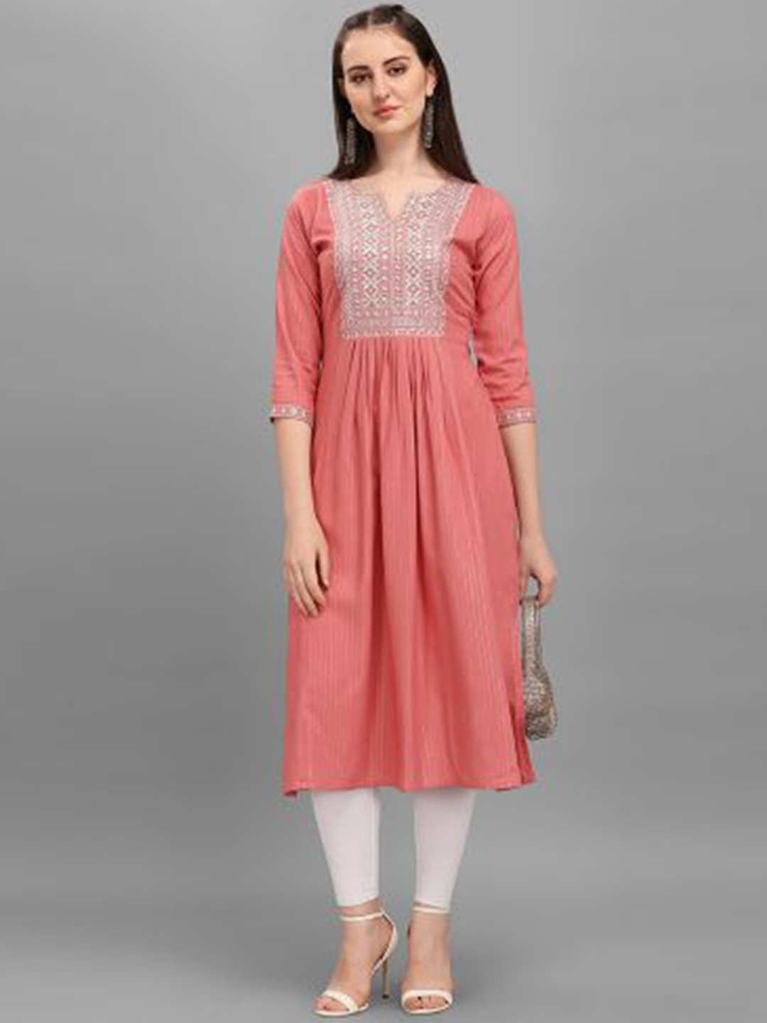 

DEETYA ARTS Ethnic Motifs Embroidered A-Line Kurta, Peach