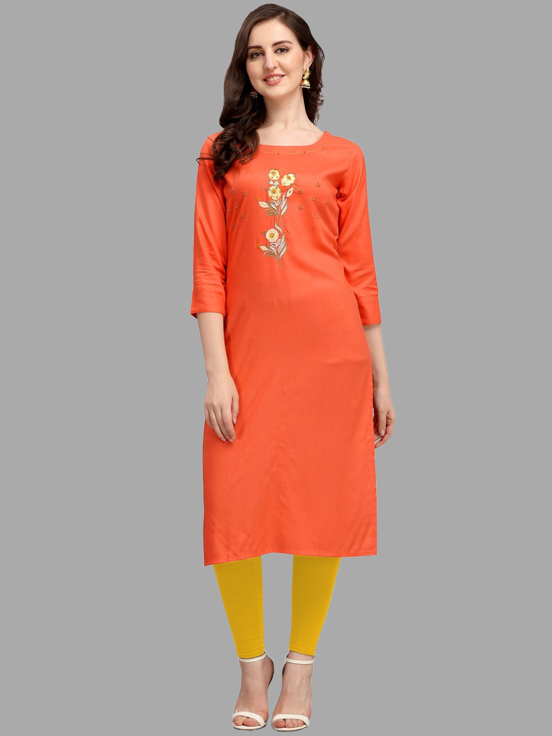 

DEETYA ARTS Women Round Neck Regular Sleeves Thread Work Straight Kurta, Orange