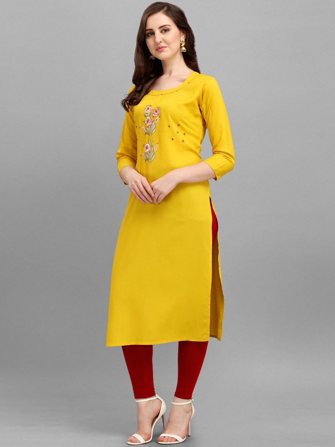 DEETYA ARTS Floral Embroidered Beads & Stones Kurta, Yellow