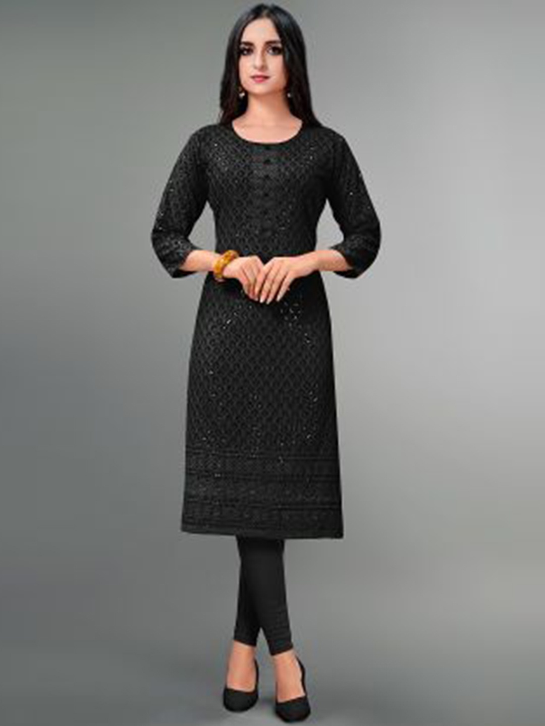 

DEETYA ARTS Ethnic Motifs Embroidery Sequined Kurta, Black