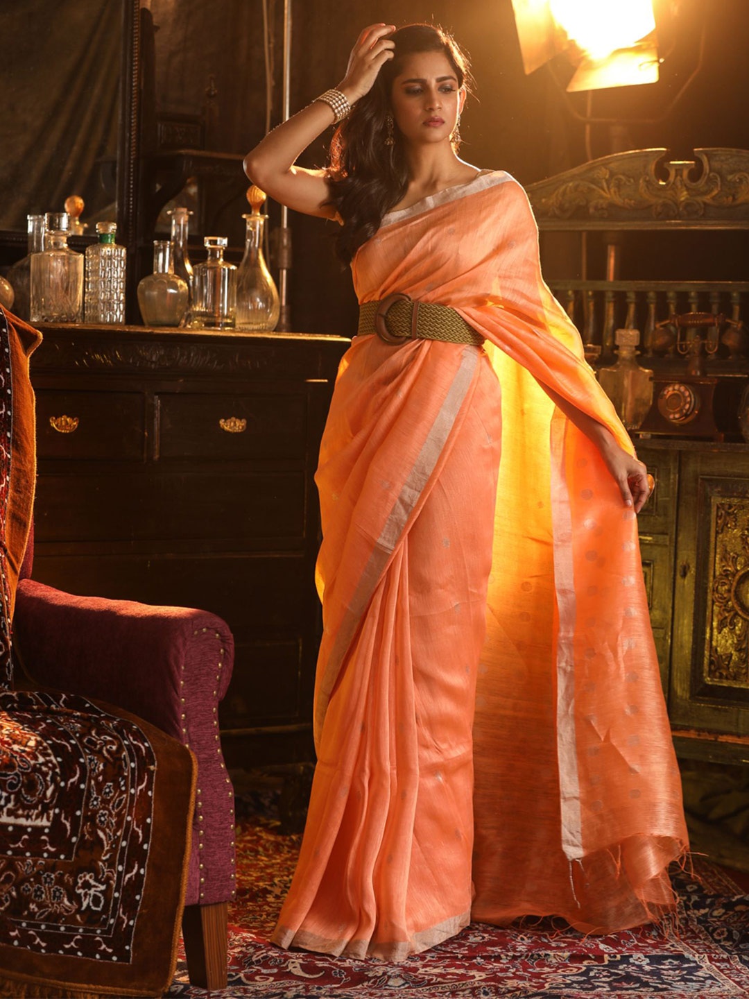 

Mitera Orange & Gold-Toned Ethnic Motifs Woven Design Zari Silk Linen Saree