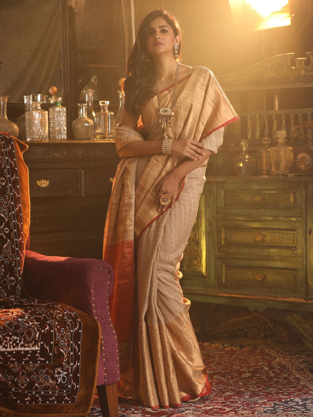 Mitera Beige & Red Striped Woven Design Saree