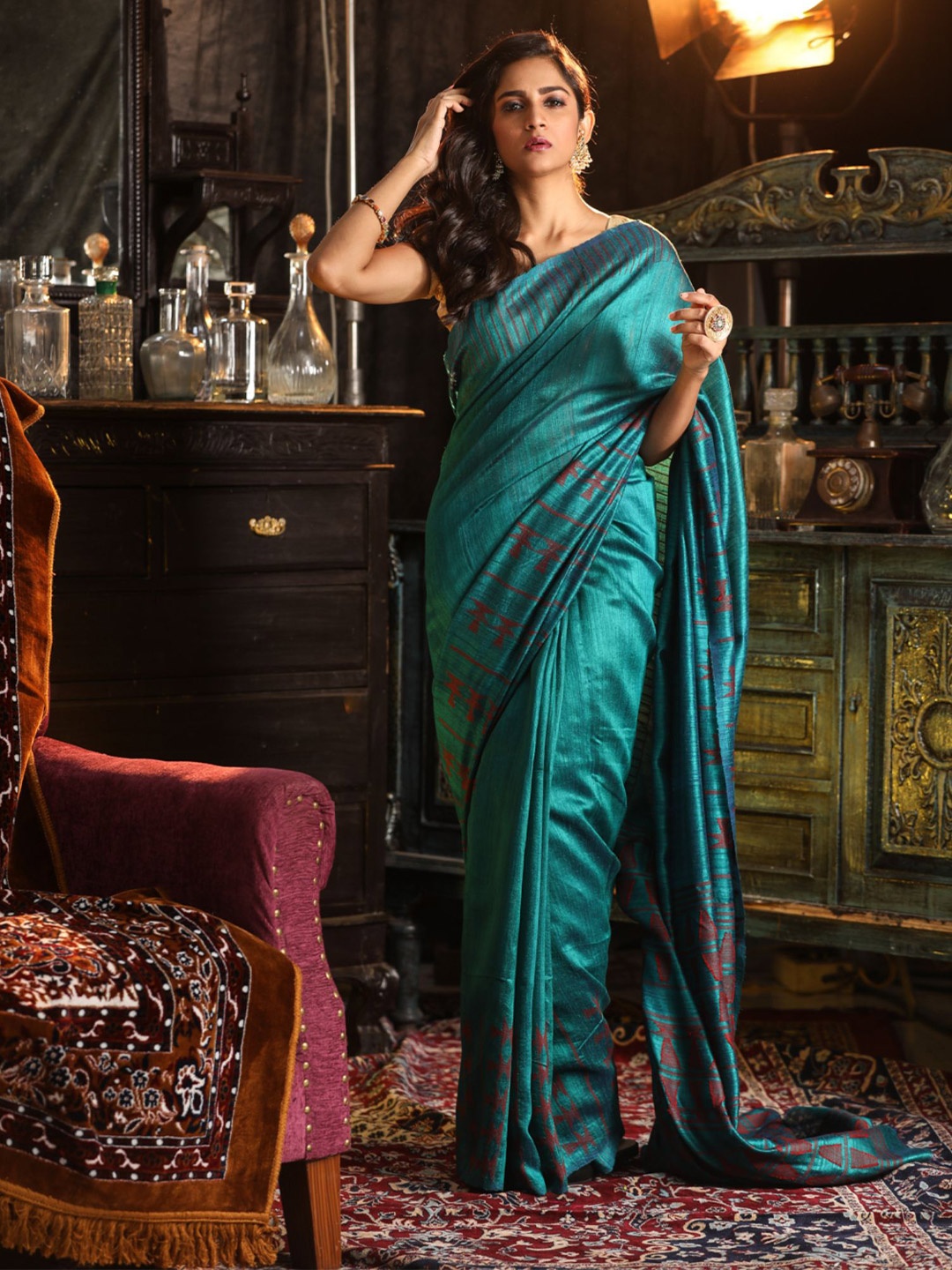 

Mitera Woven Design Pure Silk Saree, Teal