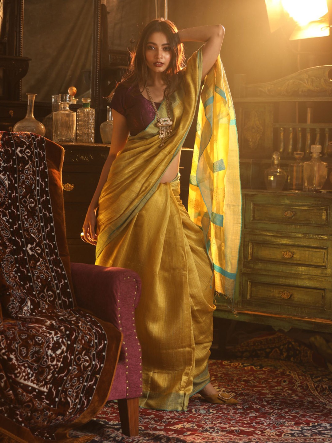 Mitera Olive Green & Mustard Zari Handloom Pure Silk Saree