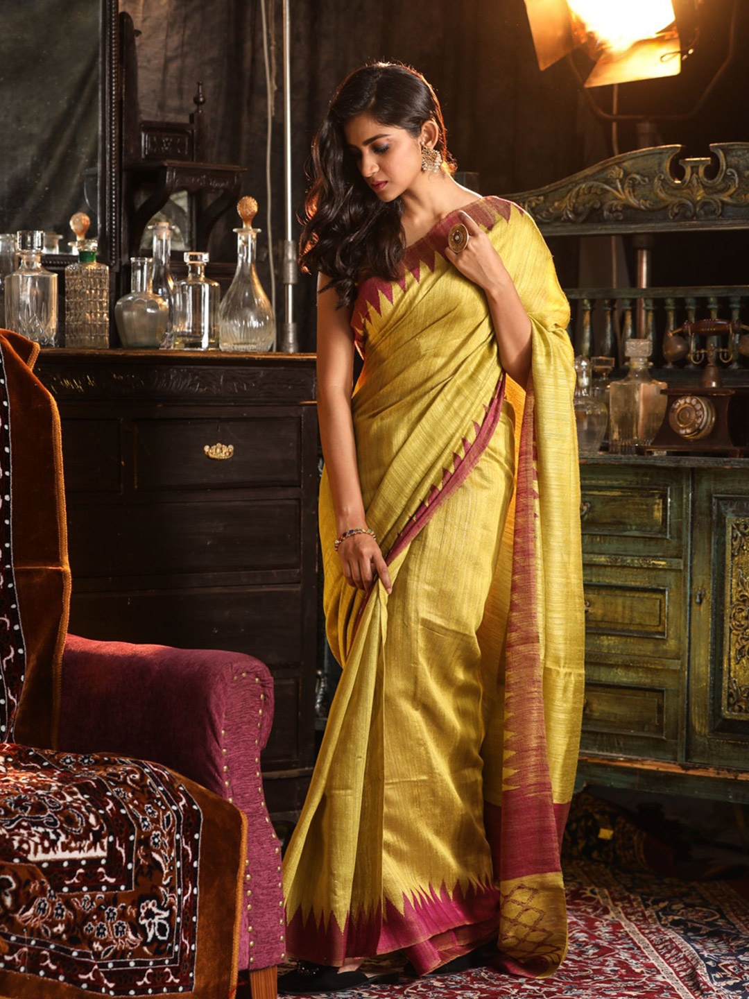 

Mitera Green & Rust Woven Border Pure Silk Saree