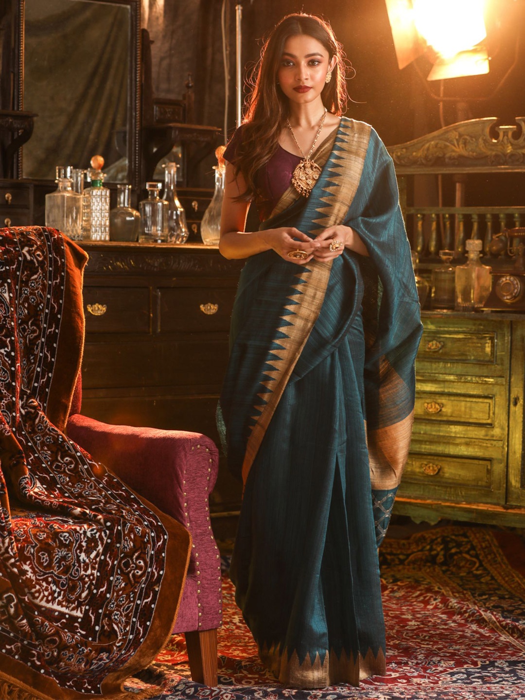 

Mitera Woven Design Zari Pure Silk Saree, Teal