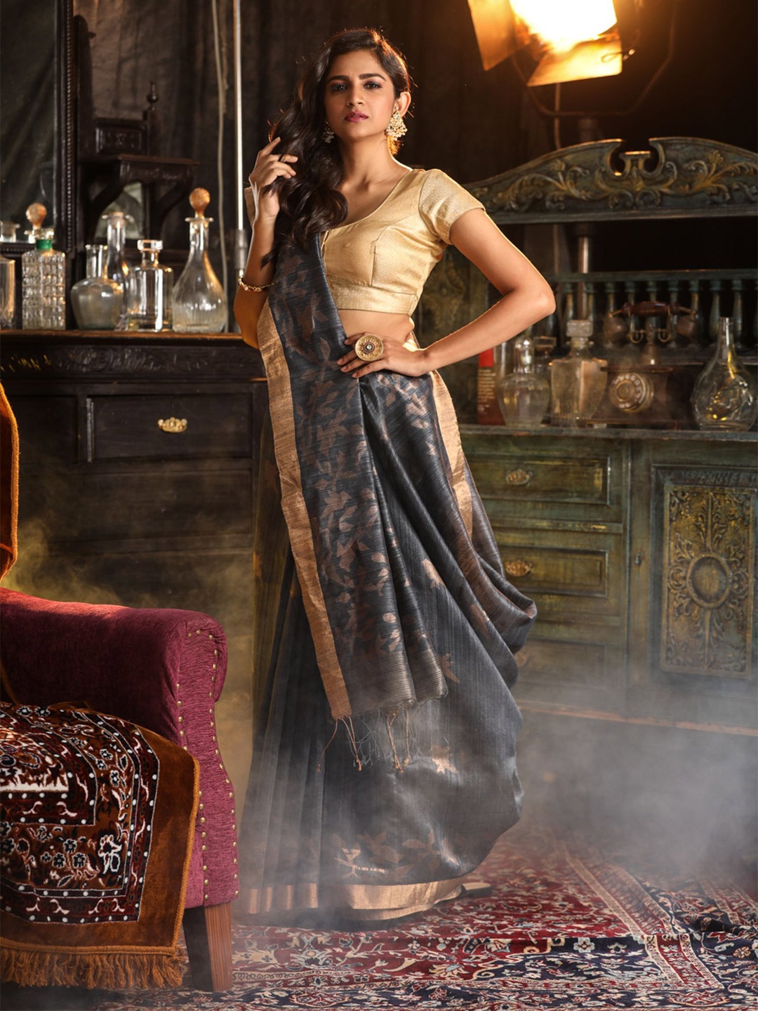 

Mitera Grey & Brown Ethnic Motifs Woven Design Zari Pure Silk Saree