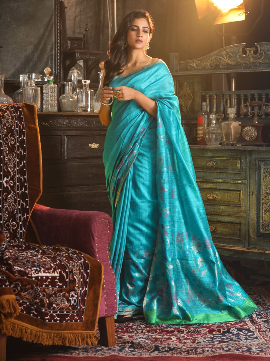 

Mitera Blue & Green Floral Woven Design Zari Pure Silk Saree