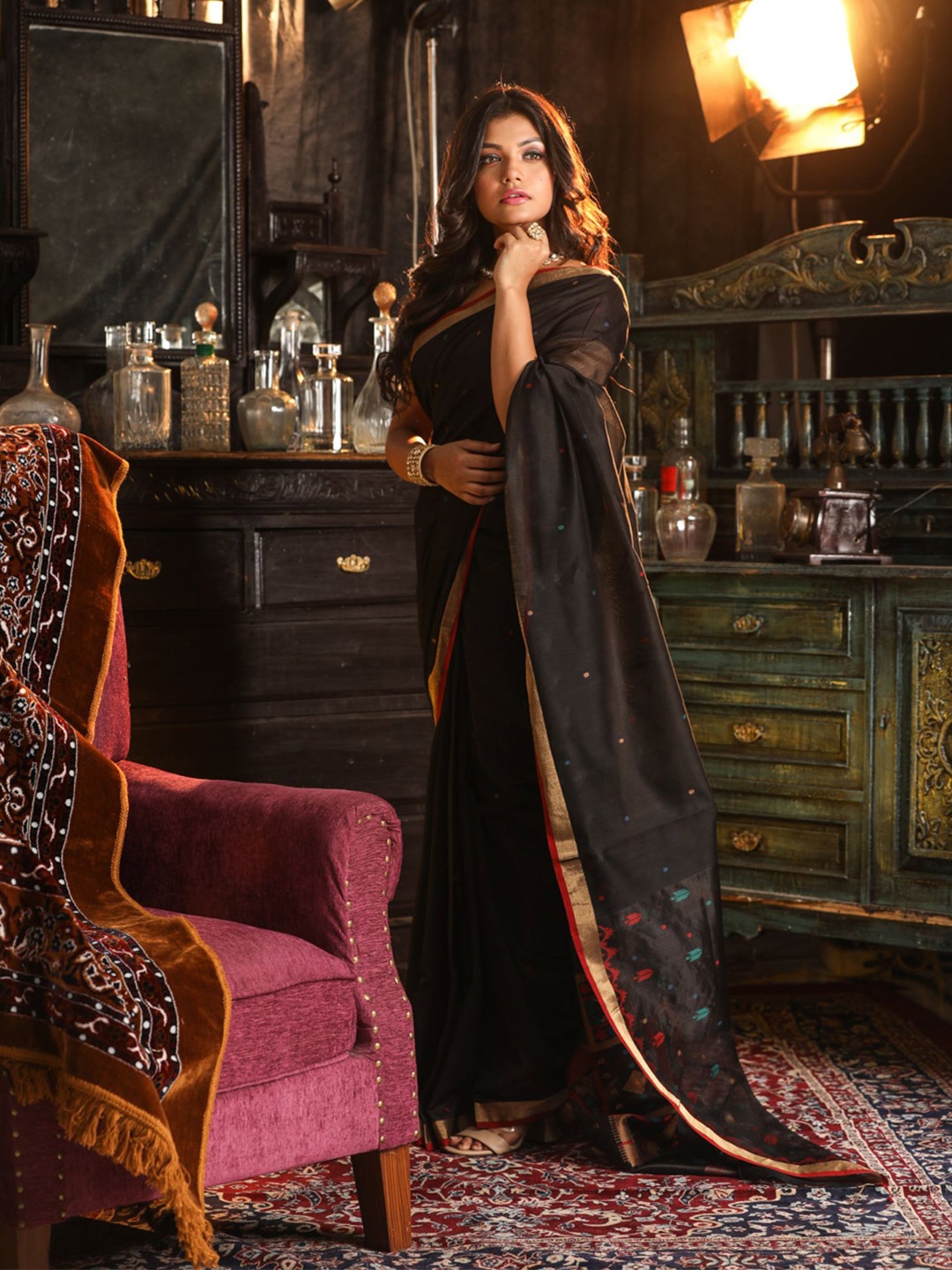 

Mitera Woven Design Zari Silk Cotton Saree, Black