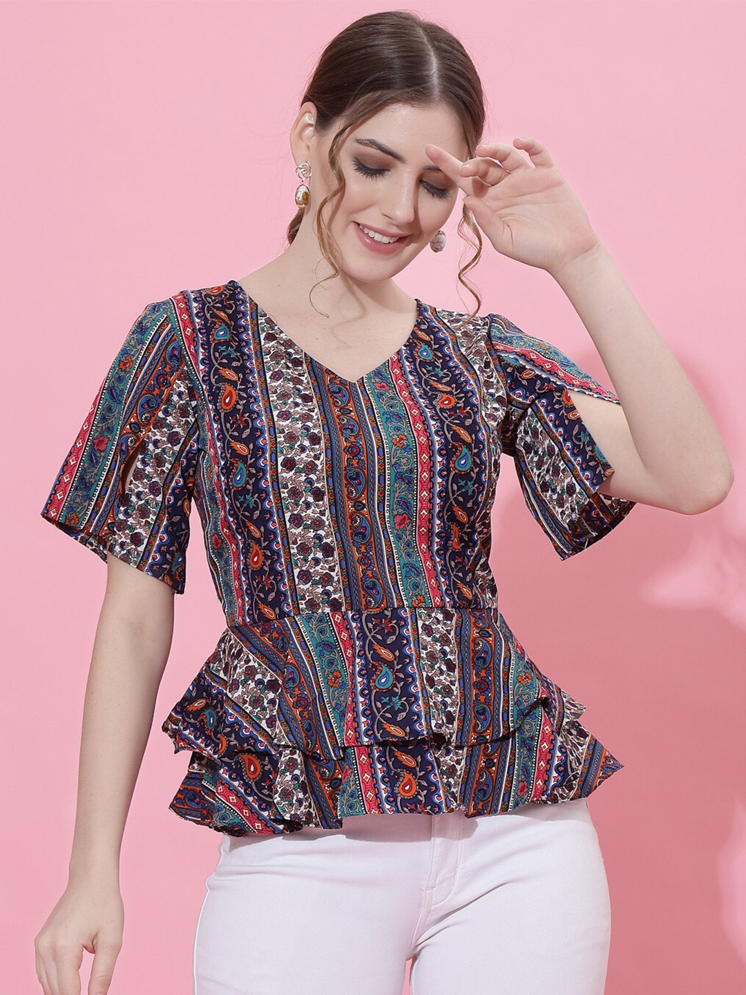 Oomph! Ethnic Motifs Printed V-Neck Layered Peplum Top, Black
