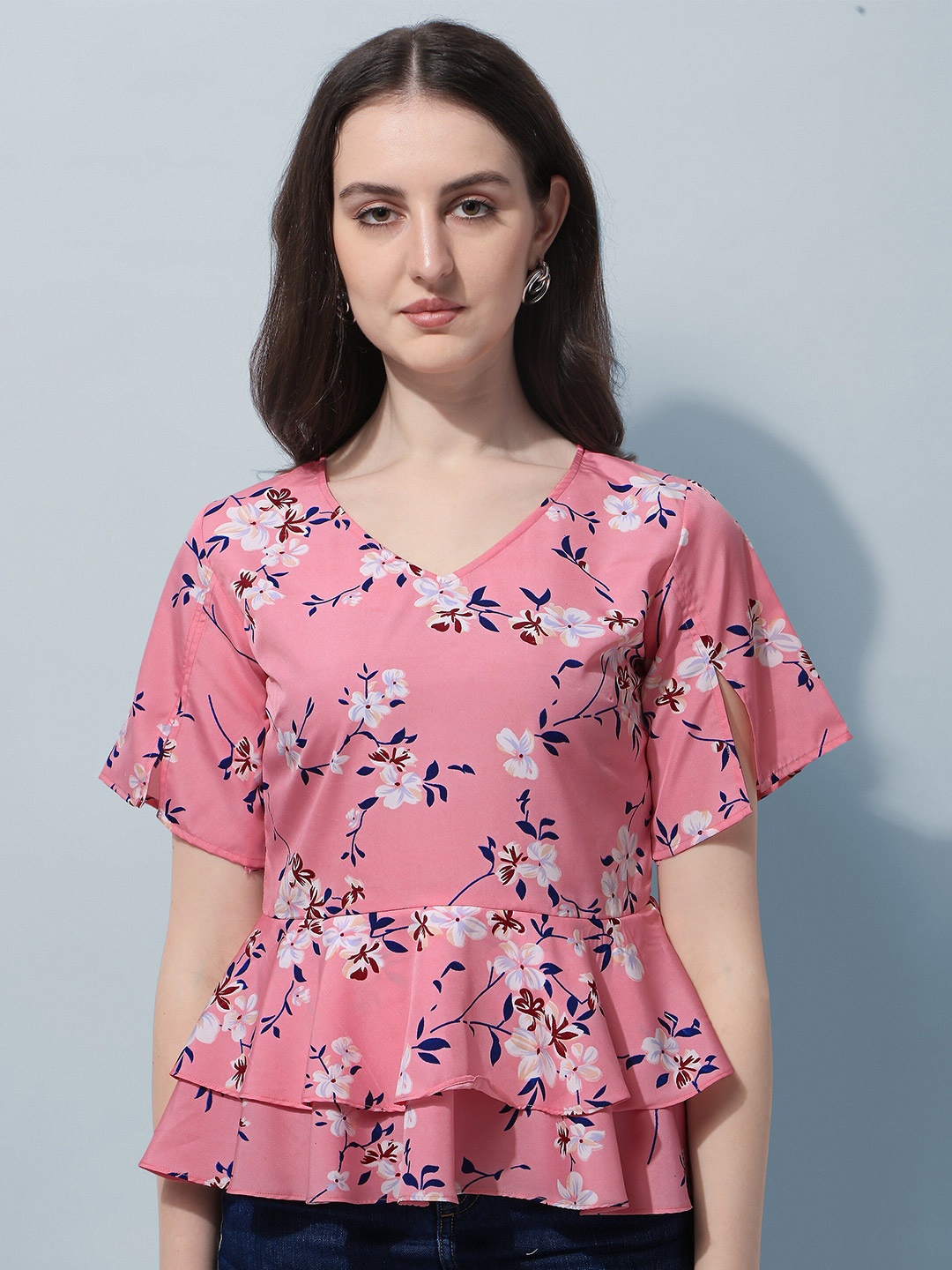 

Oomph! Floral Printed V-Neck Slit Sleeves Layered Peplum Top, Pink