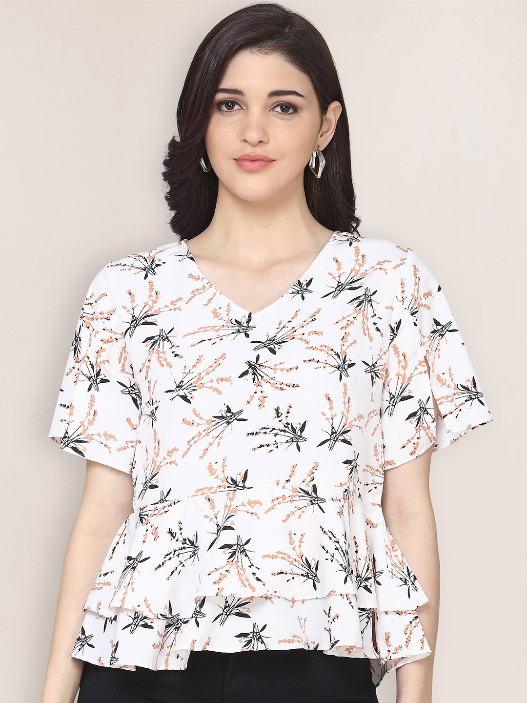 

Oomph! White Floral Printed Layered Peplum Top