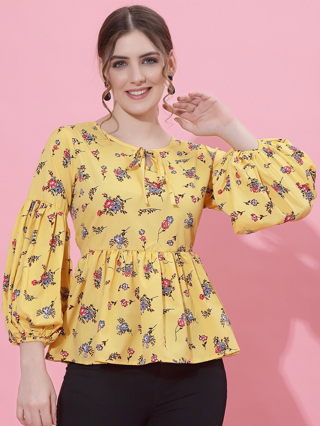 

Oomph! Floral Printed Tie-Up Neck Puff Sleeves Top, Yellow