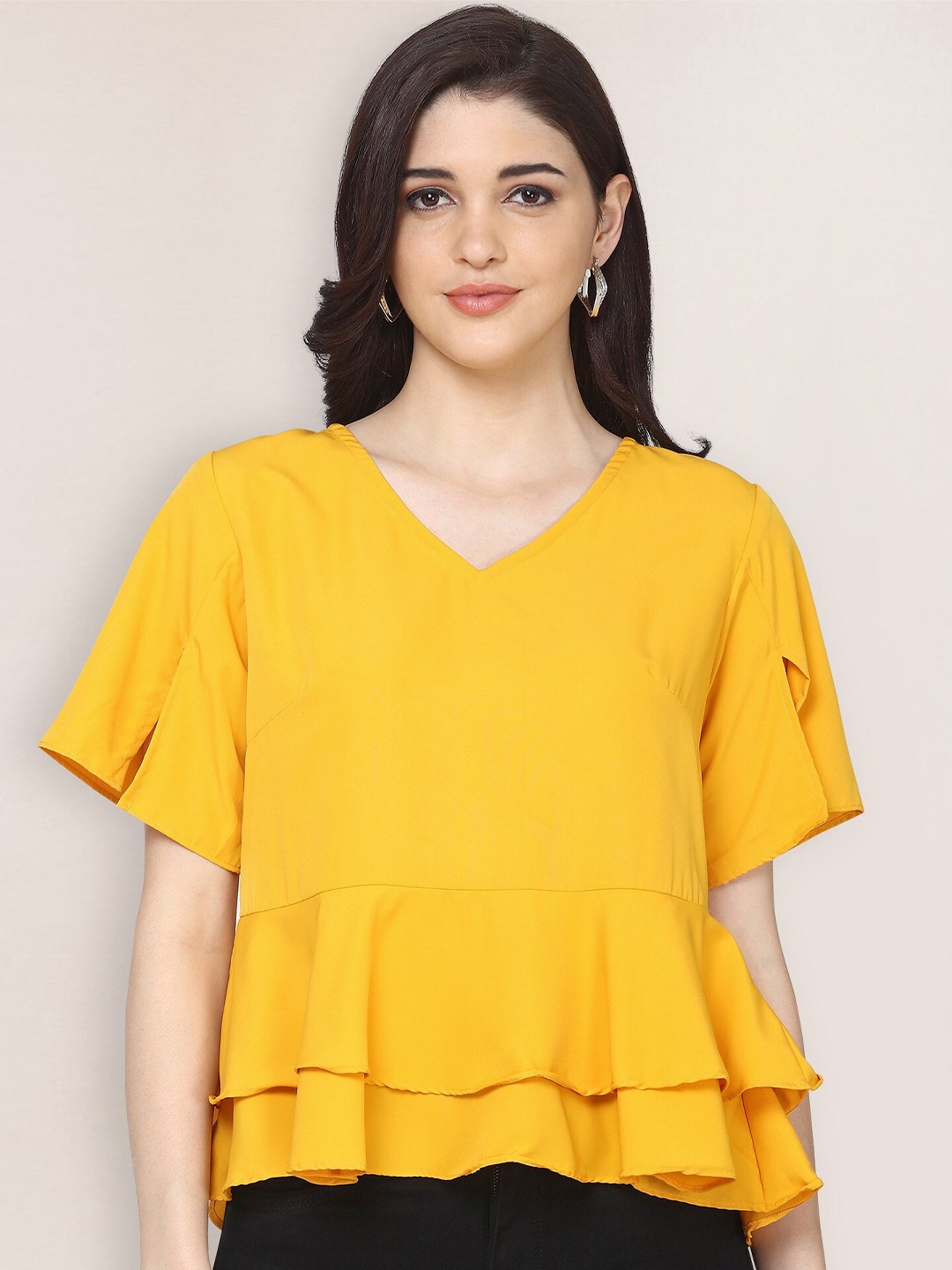 Oomph! V-Neck Slit Sleeves Layered Peplum Top, Yellow