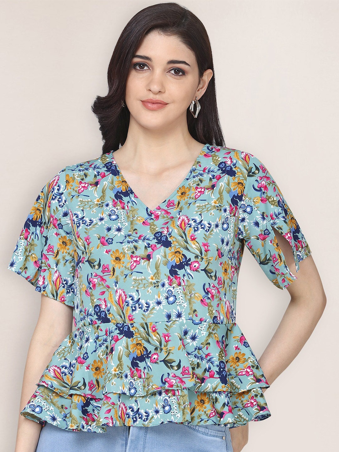 

Oomph! Floral Printed V-Neck Slit Sleeves Layered Peplum Wrap Top, Blue