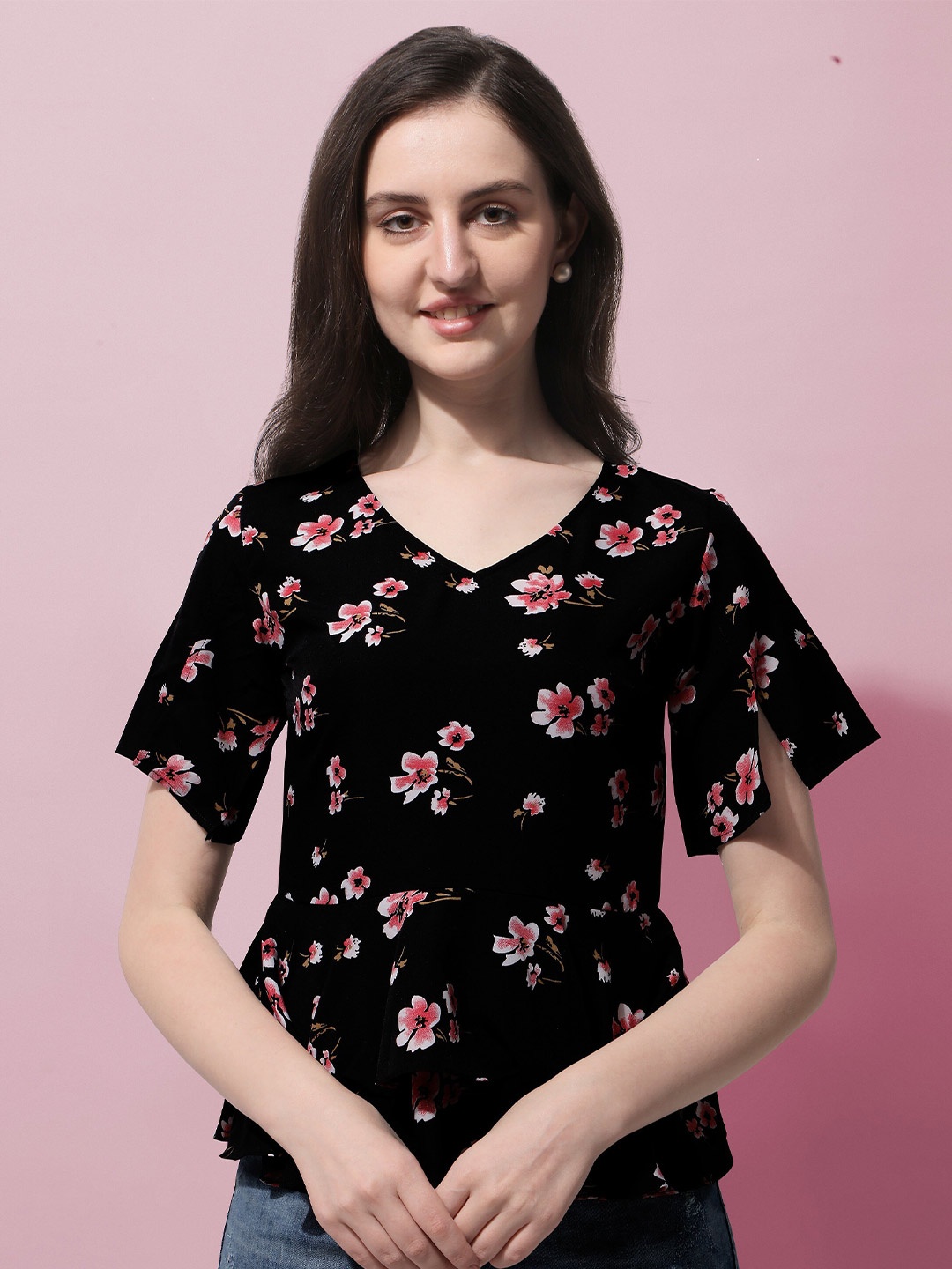 Oomph! Floral Printed V-Neck Slit Sleeves Layered Peplum Top, Black