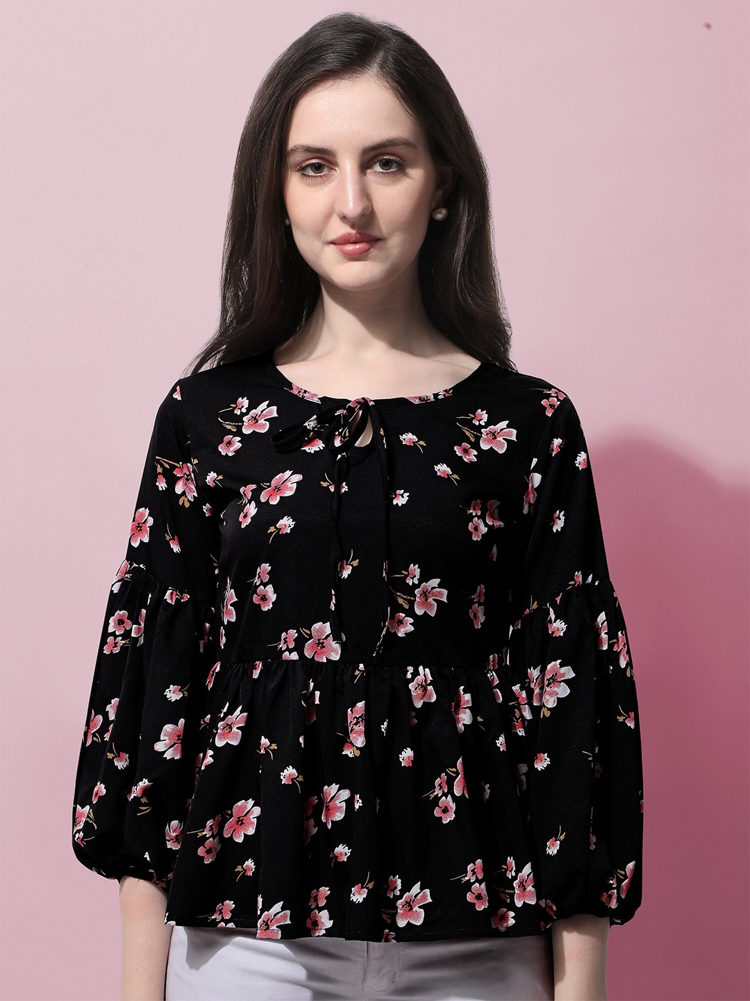 

Oomph! Floral Printed Tie Up Neck Gathered Bishop Sleeves Peplum Top, Black