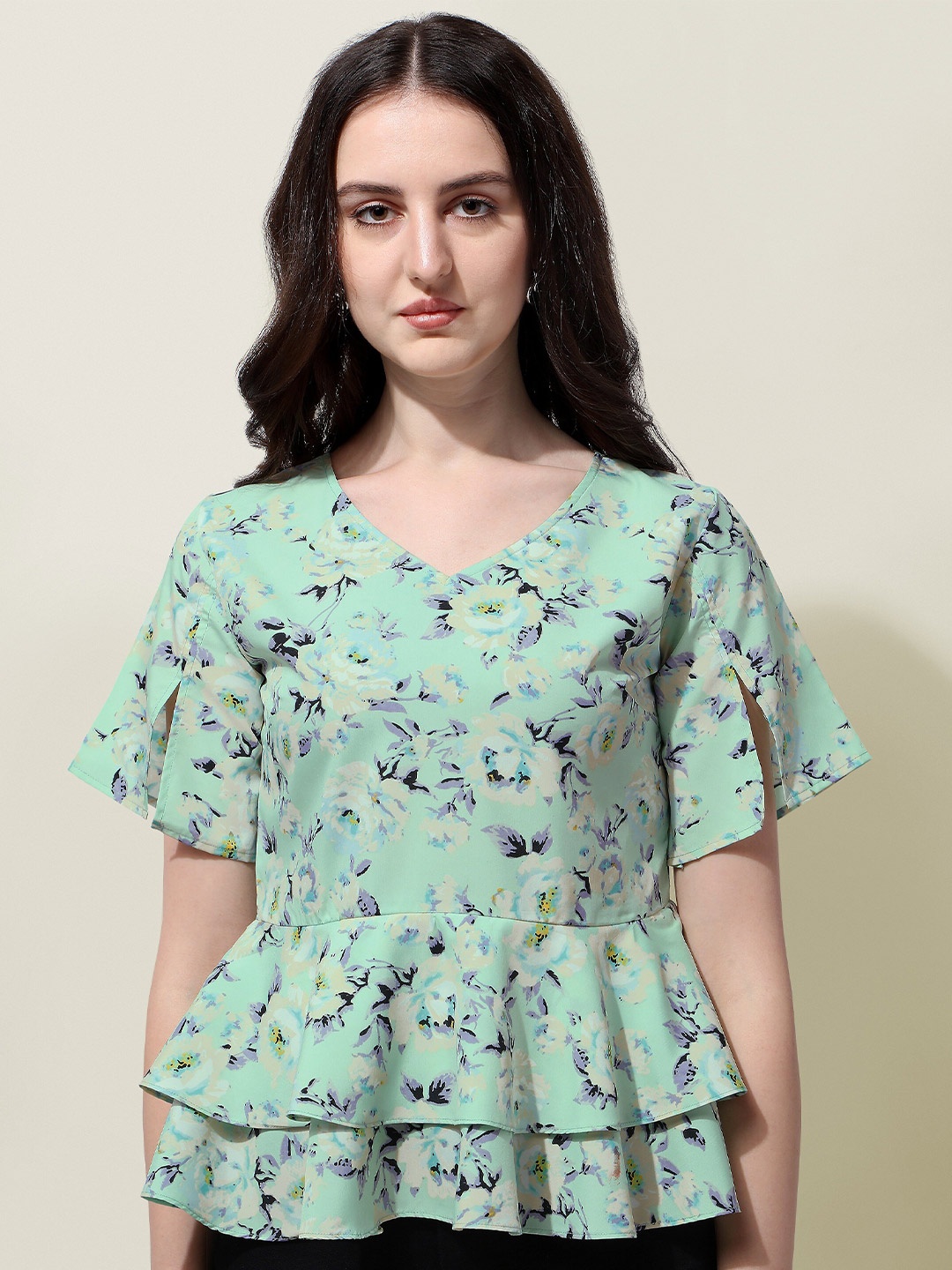Oomph! Floral Printed V-Neck Slit Sleeves Layered Peplum Top, Green