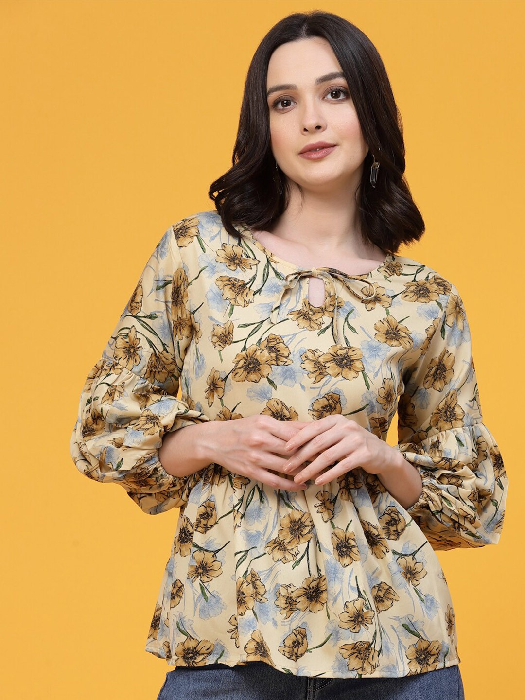 

Oomph! Floral Printed Tie Up Neck Gathered Bishop Sleeves Peplum Top, Beige
