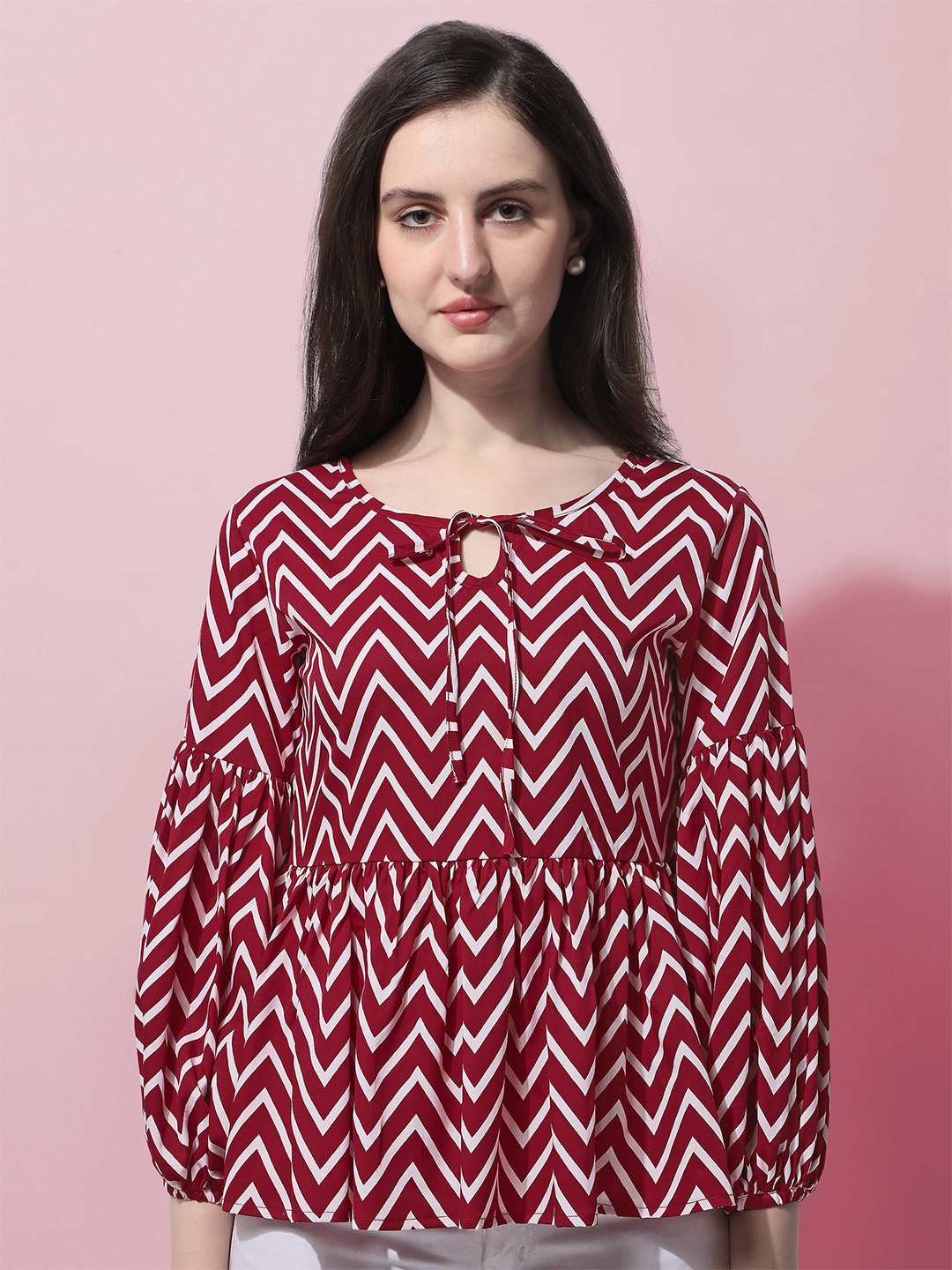 

Oomph! Geometric Printed Tie Up Neck Gathered Bishop Sleeves Peplum Top, Maroon