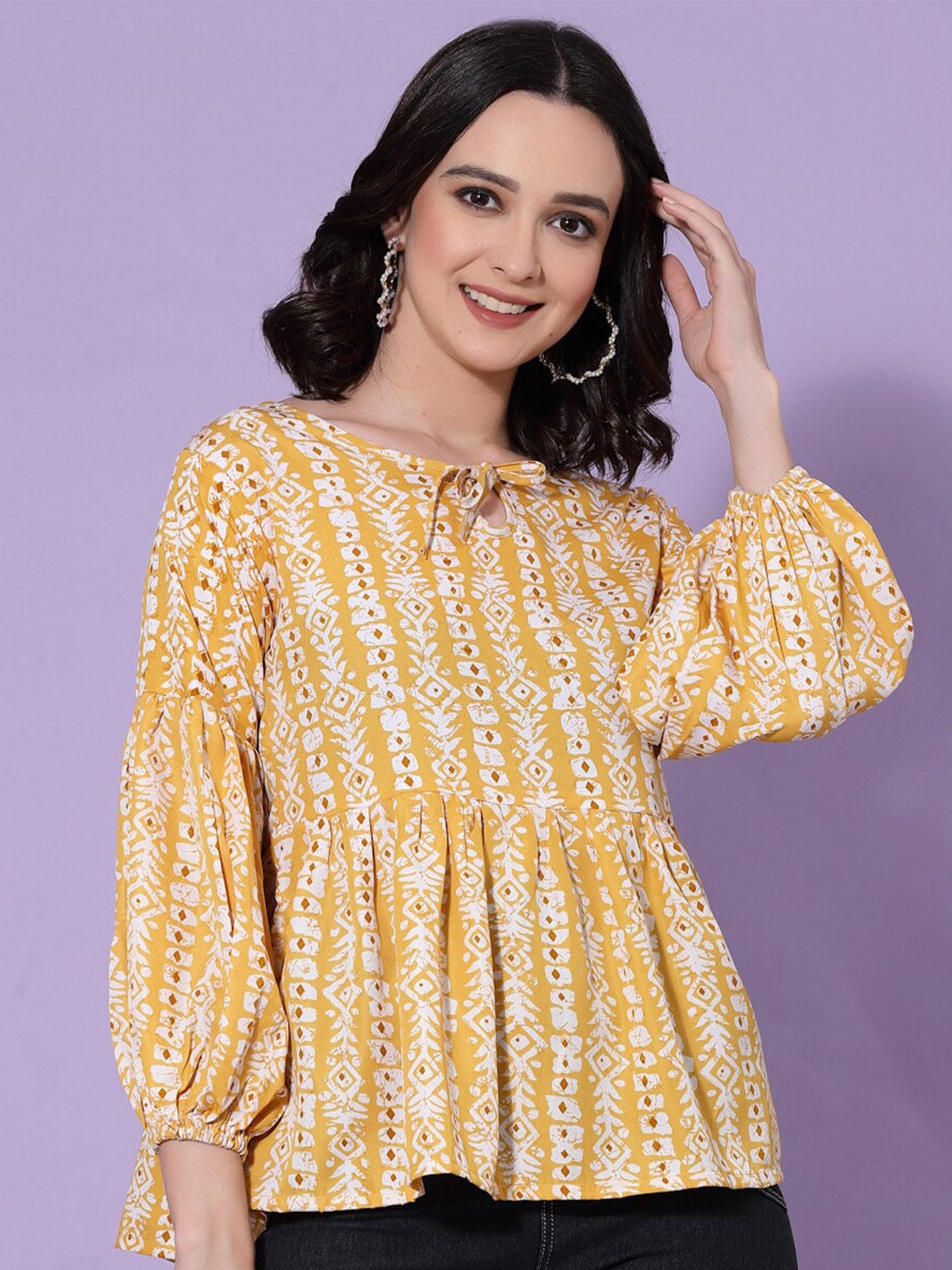 Oomph! Geometric Printed Tie-Up Neck Puff Sleeves Top, Yellow