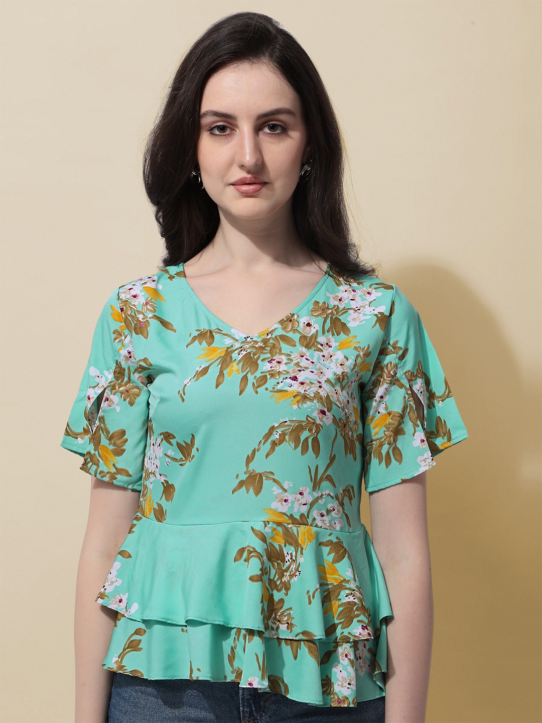 

Oomph! Floral Printed V-Neck Slit Sleeves Layered Peplum Top, Green