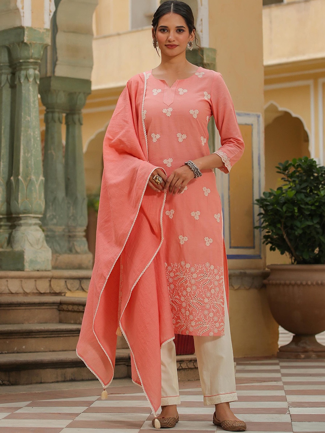 

SCAKHI Floral Chikankari Embroidered Kurta With Trousers & Dupatta, Peach