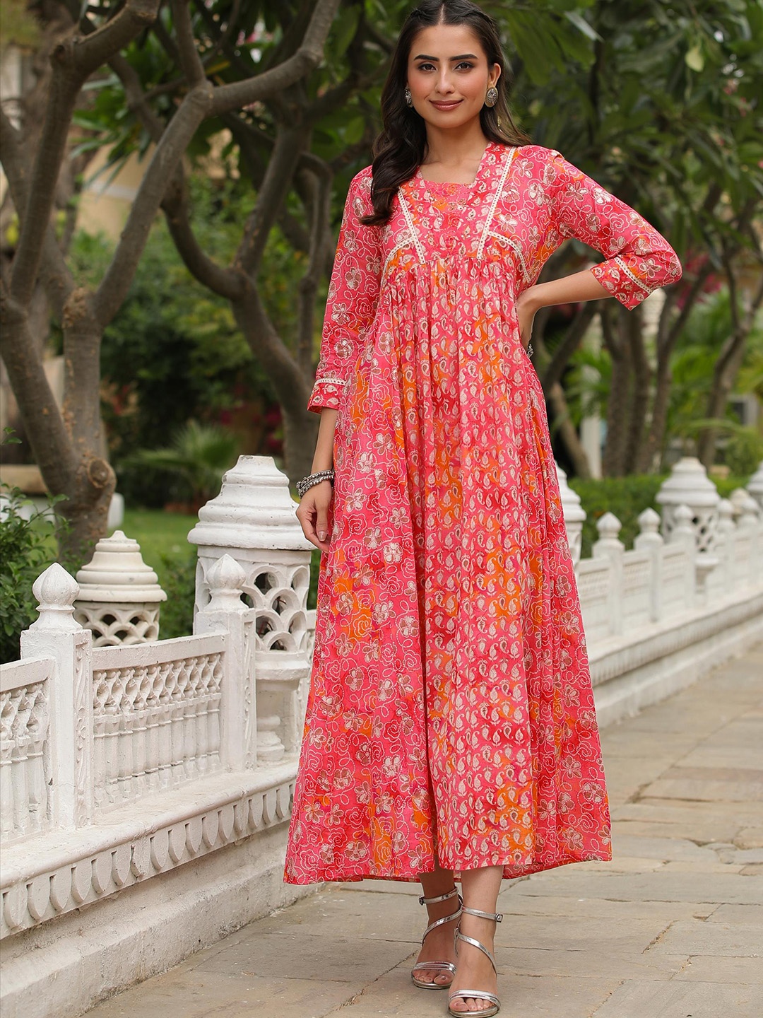 

SCAKHI Pink Paisley Printed Sequinned Fit & Flared Cotton Maxi Ethnic Dress