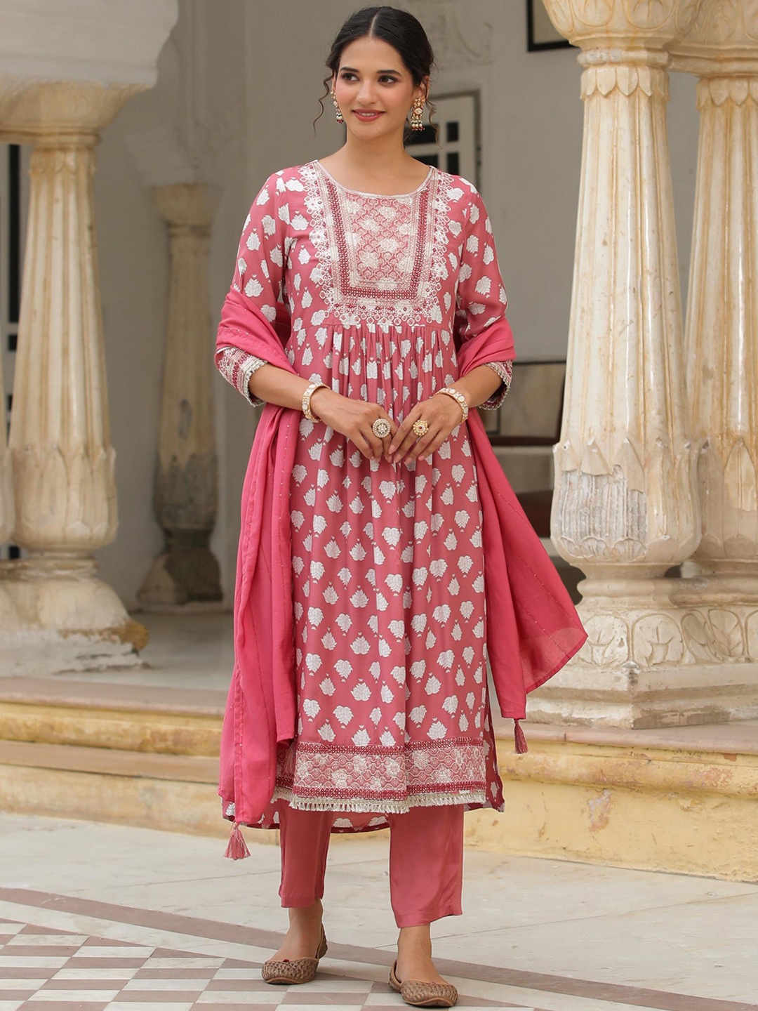 SCAKHI Ethnic Motifs Printed Pleated Thread Work Kurta With Trousers & Dupatta, Mauve
