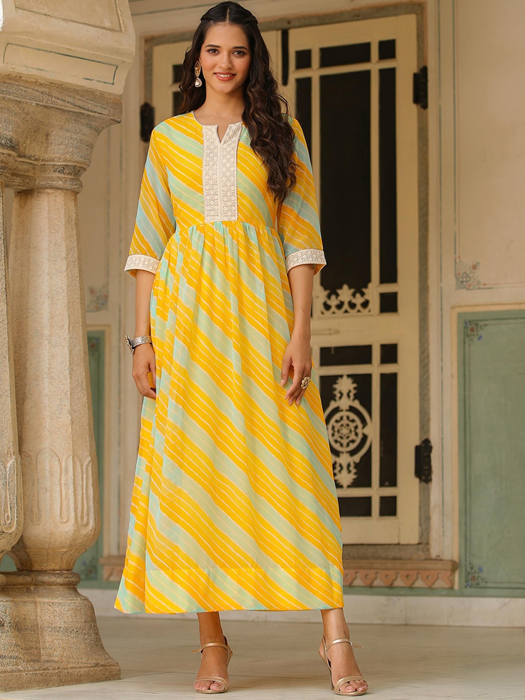 

SCAKHI Leheriya Printed Georgette A-line Maxi Dress, Yellow
