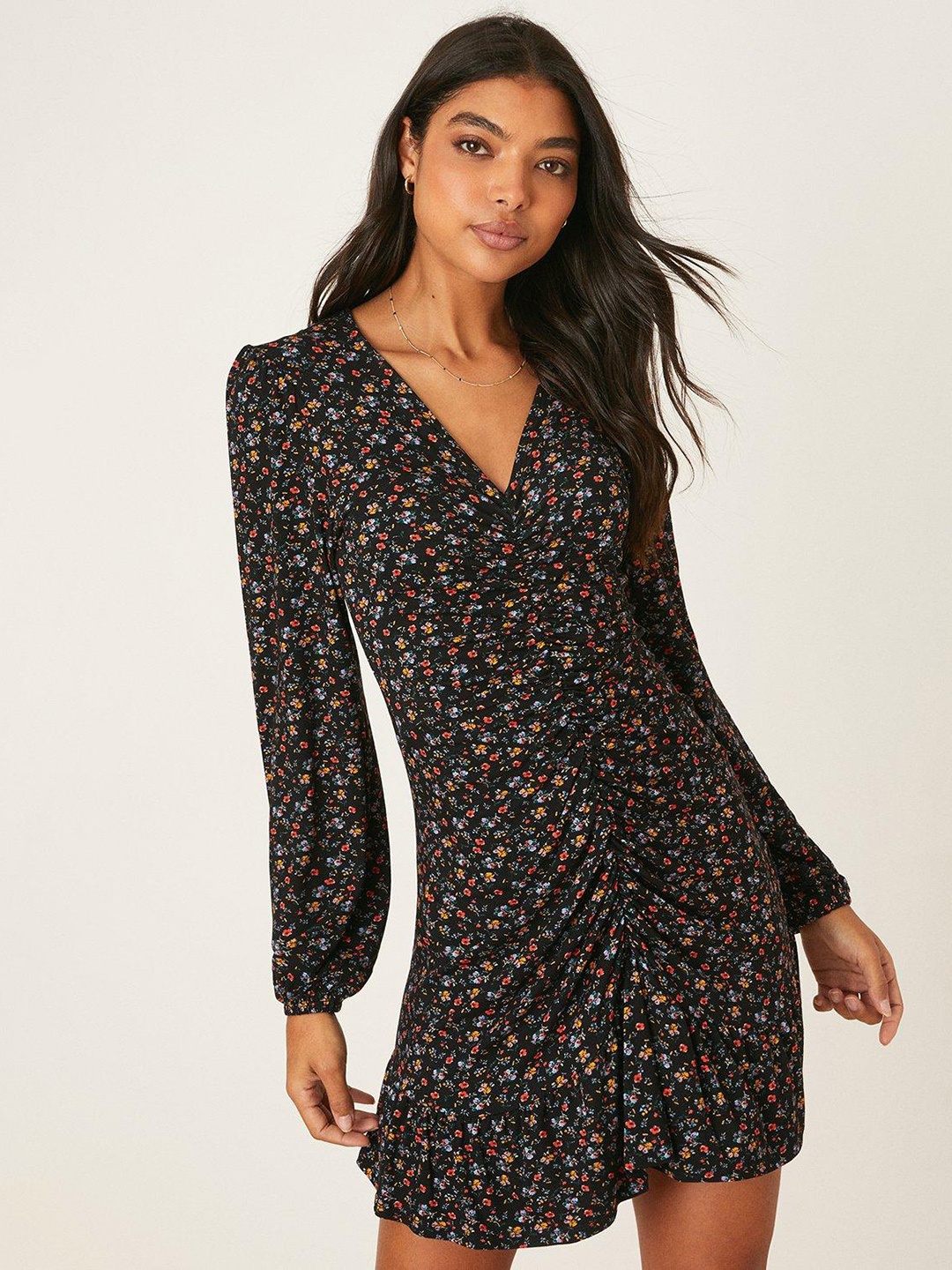 

DOROTHY PERKINS Floral Print Ruched A-Line Mini Dress, Black