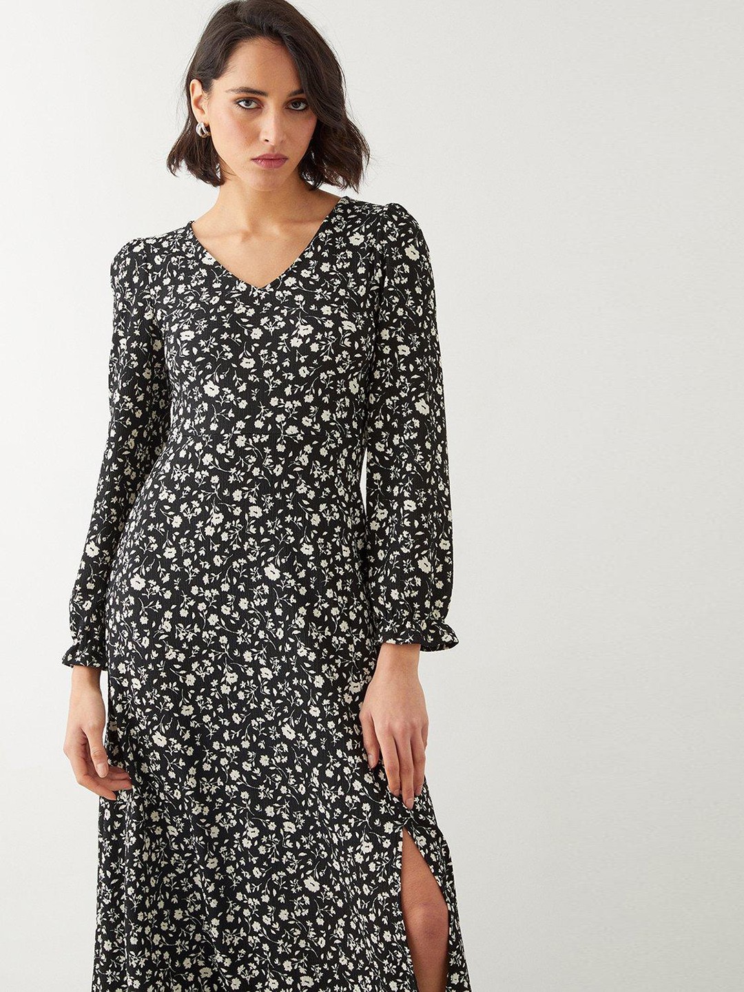 

DOROTHY PERKINS Floral Print Puff Sleeve A-Line Midi Dress, Black