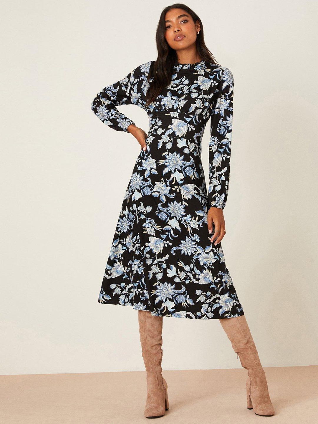 

DOROTHY PERKINS High Neck Floral Print Empire Midi Dress, Black