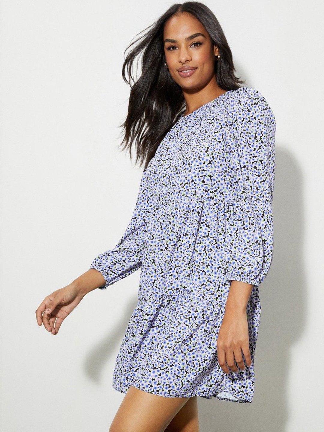

DOROTHY PERKINS Floral Print Puff Sleeves Tiered A-Line Dress, Navy blue