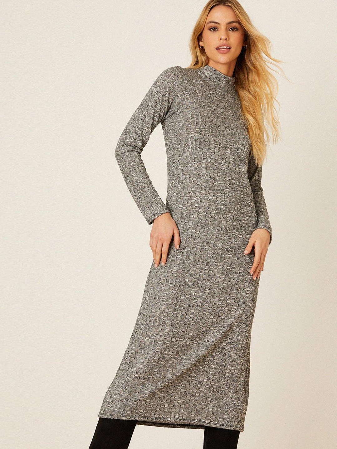 

DOROTHY PERKINS Ribbed A-Line Midi Dress, Grey melange