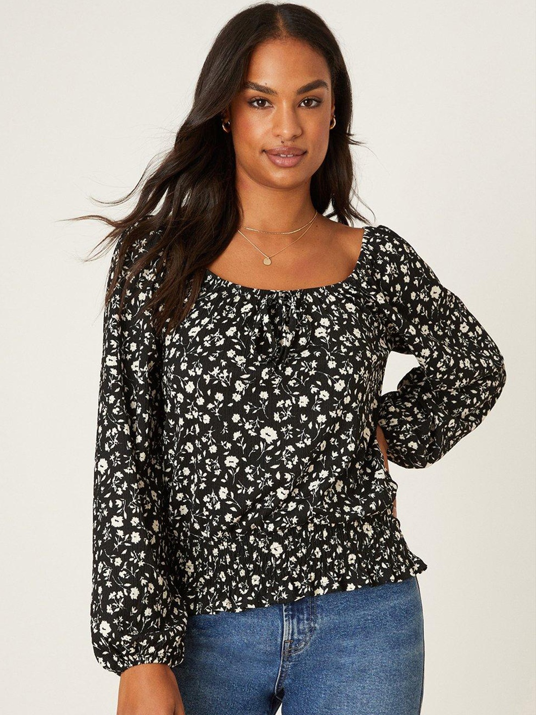 

DOROTHY PERKINS Floral Print Tie-Up Neck Puff Sleeve Blouson Top, Black