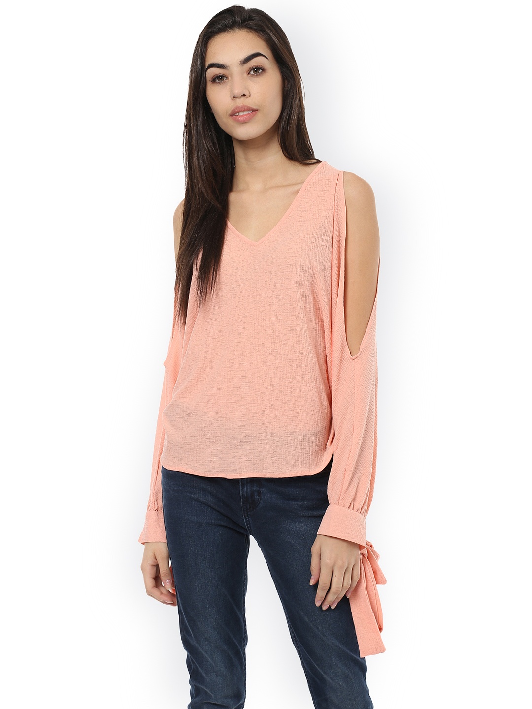 

Harpa Women Peach-Coloured Solid Cold Shoulder Top